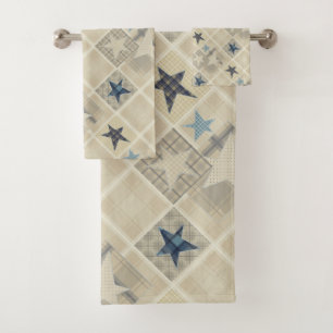 Stars , patchwork , blue bath towel set