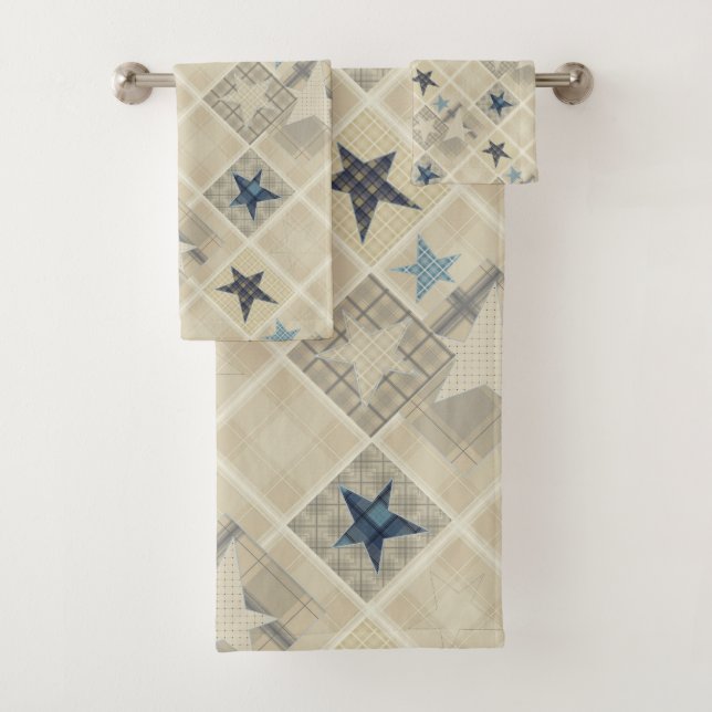 Stars , patchwork , blue bath towel set (Insitu)