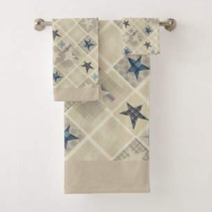 Stars , patchwork , blue bath towel set