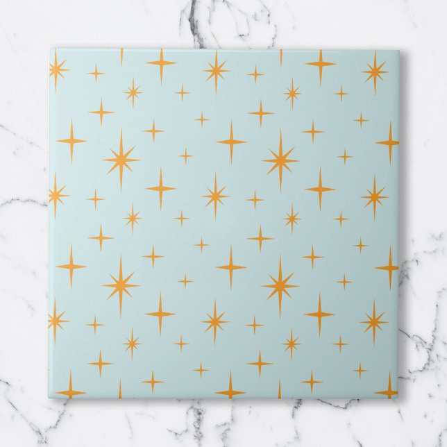 Stars Pattern Mid Century Modern Orange Aqua Tile (Stars Pattern Mid Century Modern Orange Aqua Ceramic Tile)