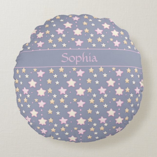 Stars pattern pink gray round pillow (Front)