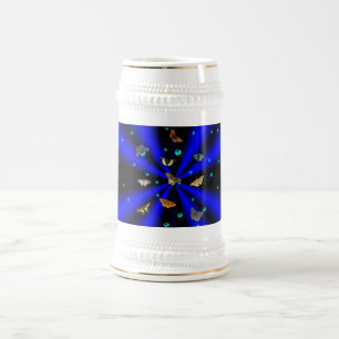 Stars, Pearls and Butterfly on black and blue Beer Stein