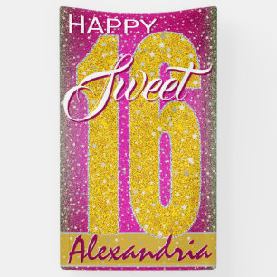 Stars Pink Glitter Glitz   Sweet 16 Birthday Party Banner