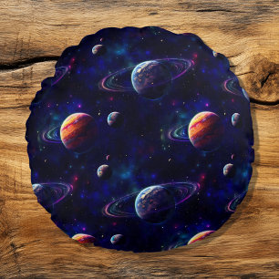 Stars, Planets, Galaxy, Outer space Themed Round Pillow