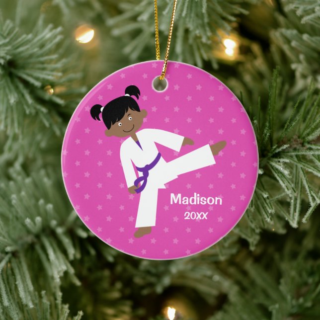 Stars Purple Belt Taekwondo Girl Personalized Ceramic Ornament (Tree)