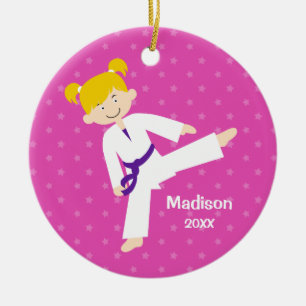 Stars Purple Taekwondo Blonde Girl Personalized Ceramic Ornament
