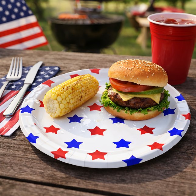 Stars Red and Blue Patriotic Pattern Paper Plate (A paper plate with a red and blue star pattern.)