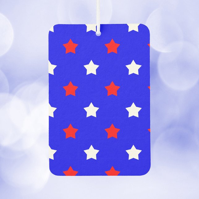 Stars Red and White Pattern Blue Background Air Freshener (An air freshener with a red and white star pattern on a blue background.)