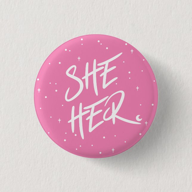 Stars She/Her Pronouns in Pink 1 Inch Round Button (Front)
