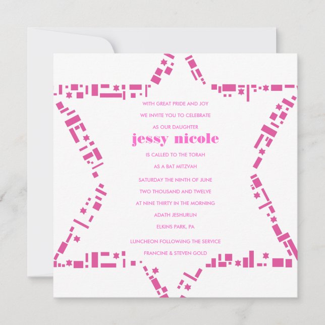 Stars & Squares Bar Bat Mitzvah Invitation Pink (Front)