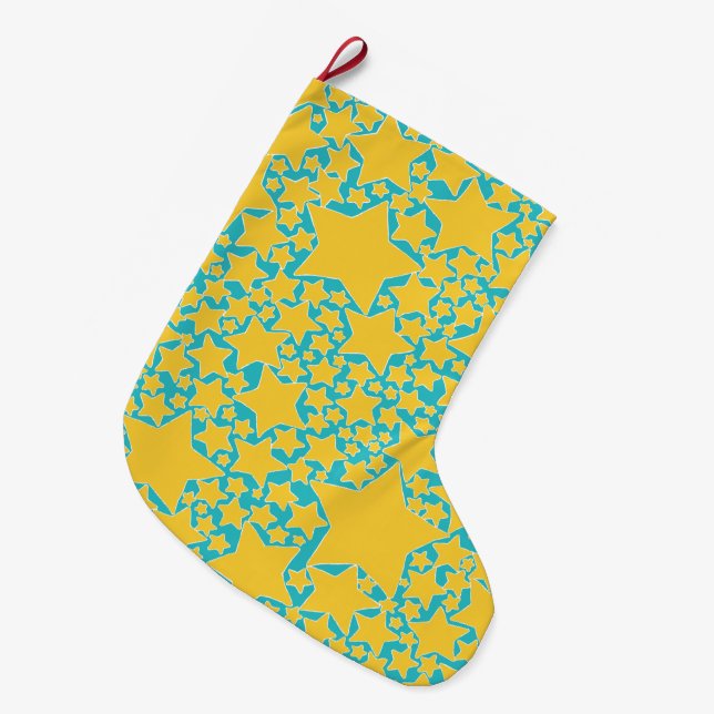 Stars, Stars, Stars in Turquoise and Yellow Large Christmas Stocking (Front (Hanging))