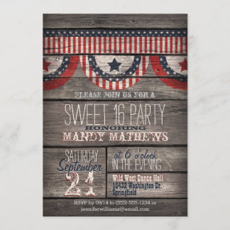 Stars & Stripes on Rustic Wood Sweet 16 Party Invitation