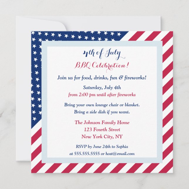Stars Stripes Red White Blue 4th of July BBQ Party Invitation (Front)