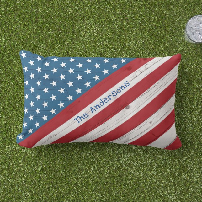Stars Stripes USA Rustic American Flag Custom Name Lumbar Pillow (Grass)