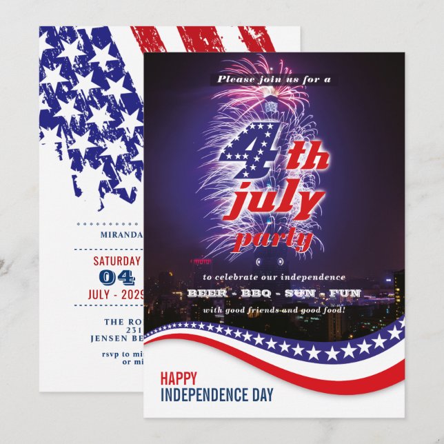 Stars & Stripes with Fireworks 4th Of July Party Invitation (Front/Back)