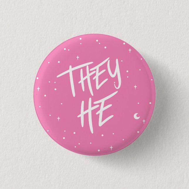 Stars They/He Pronouns in Pink 1 Inch Round Button (Front)