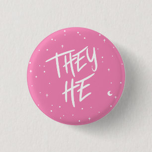 Stars They/He Pronouns in Pink 1 Inch Round Button