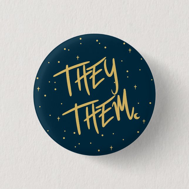 Stars They /Them Pronouns in Navy and Gold 1 Inch Round Button (Front)