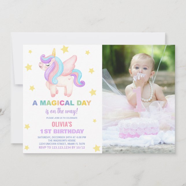 Stars Unicorn Birthday Invitations with photo (Front)