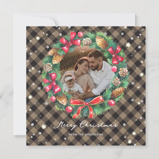  Stars Watercolor Christmas Wreath Plaid Photo Holiday Card (Front)