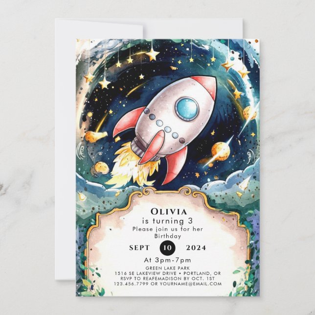 Stars Watercolor Rocket Birthday Invitation (Front)