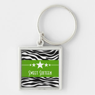 Stars Zebra Print Sweet 16 Keychain, Green Keychain