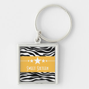 Stars Zebra Print Sweet 16 Keychain, Yellow Keychain