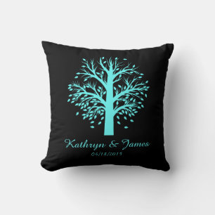 Start of New Family Tree, names/date; aqua/black Throw Pillow