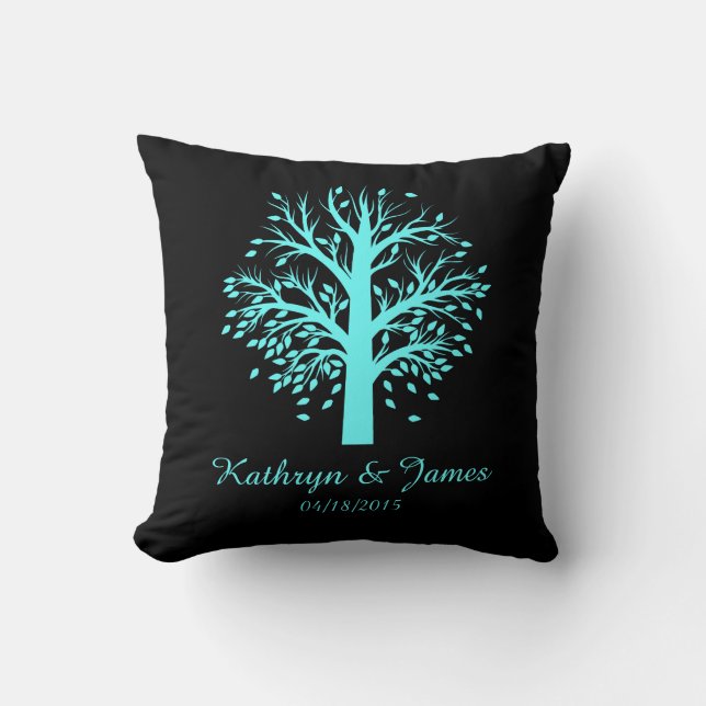Start of New Family Tree, names/date; aqua/black Throw Pillow (Front)
