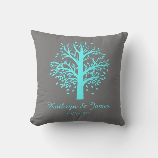 Start of New Family Tree, names/date; aqua/grey Throw Pillow (Front)