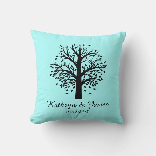 Start of New Family Tree, names/date; black/mint Throw Pillow (Front)