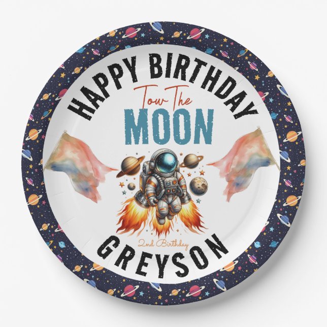  start tow the moon 2nd Birthday Space  Paper Plate (Front)