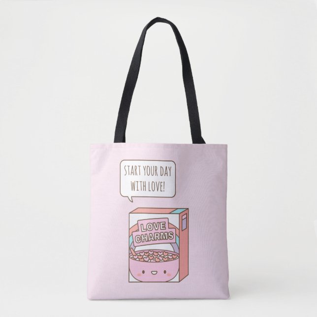 Start Your Day with Love Breakfast Cereal Pink Tote Bag (Front)