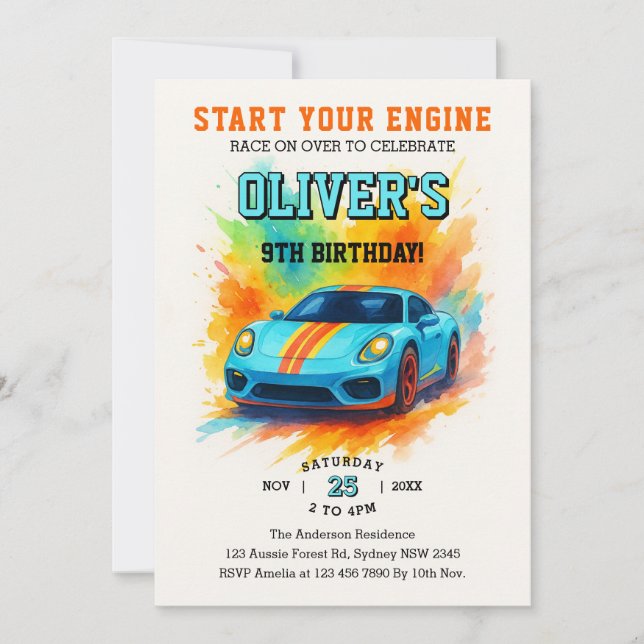 Start Your Engines Cute Watercolor Birthday Party Invitation (Front)