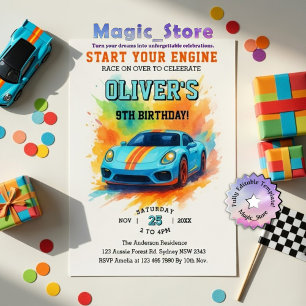 Start Your Engines Cute Watercolor Birthday Party Invitation