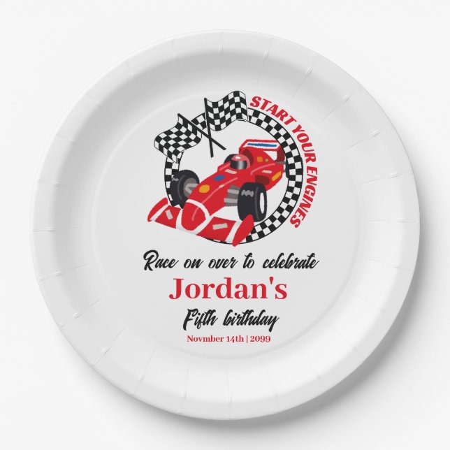 Start Your Engines Red Race Car Any Age Birthday Paper Plate (Front)