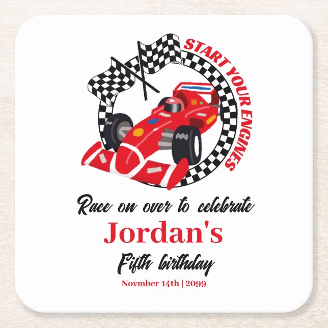 Start Your Engines Red Race Car Any Age Birthday Square Paper Coaster (Front)