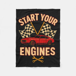 Start Your Engines Vintage Mechanics Flag Race Car Fleece Blanket