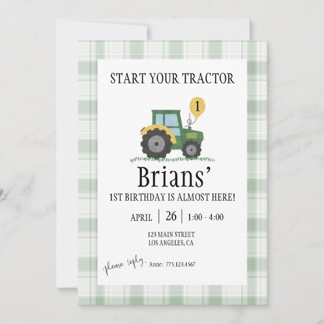 Start Your Tractor Children's Birthday Invitation (Front)