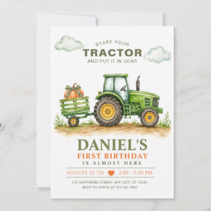 Start Your Tractor Green Pumpkin Farm Birthday  Invitation