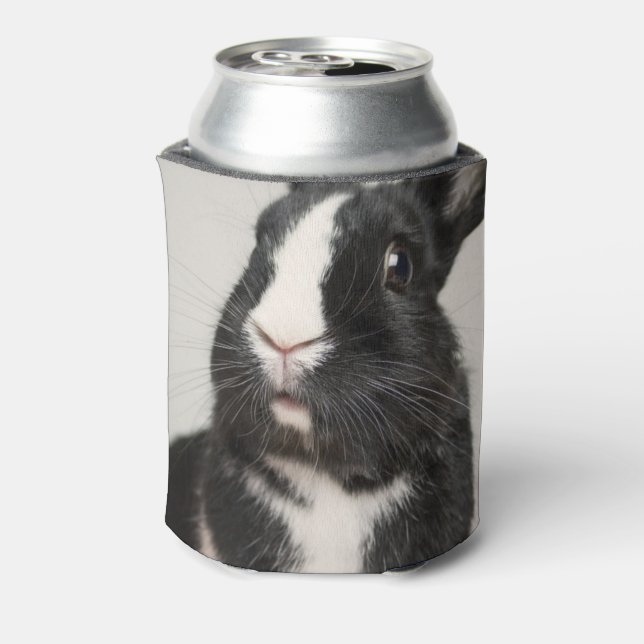 Startled Black and White Bunny Rabbit Can Cooler (Can Back)