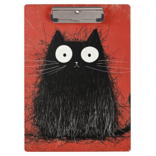 Startled Black Cat on Vivid Crimson Clipboard