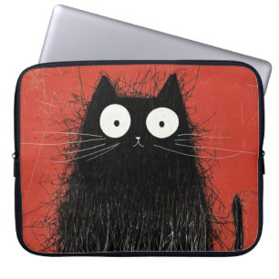 Startled Black Cat on Vivid Crimson Laptop Sleeve