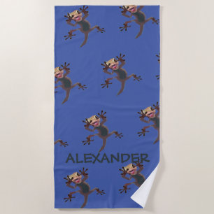 Startled Funny Gecko Lizard  Blue Custom Name Beach Towel