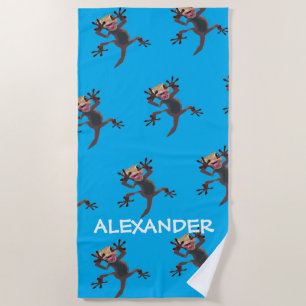 Startled Funny Gecko Lizard Light Blue Custom Name Beach Towel