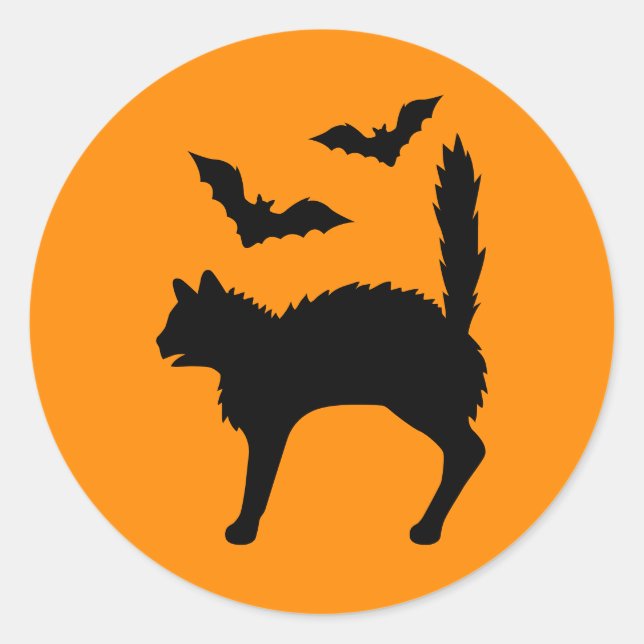 Startled Halloween Cat And Bats Silhouette Orange Classic Round Sticker (Front)