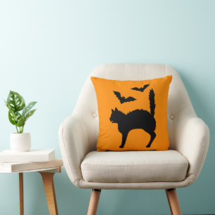 Startled Halloween Cat And Bats Silhouette Orange Throw Pillow