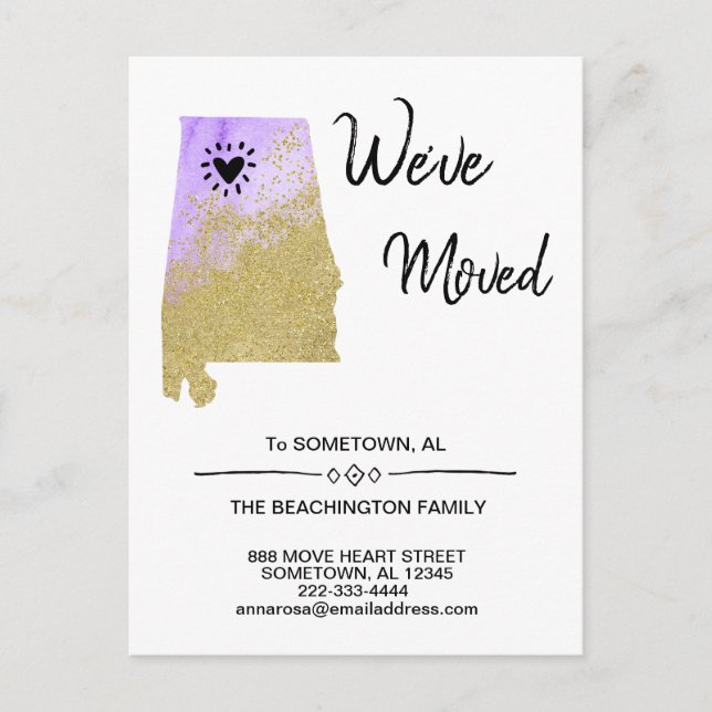 *~* STATE ALABAMA - Glitter Moving  New Address AL Announcement Postcard (Front)