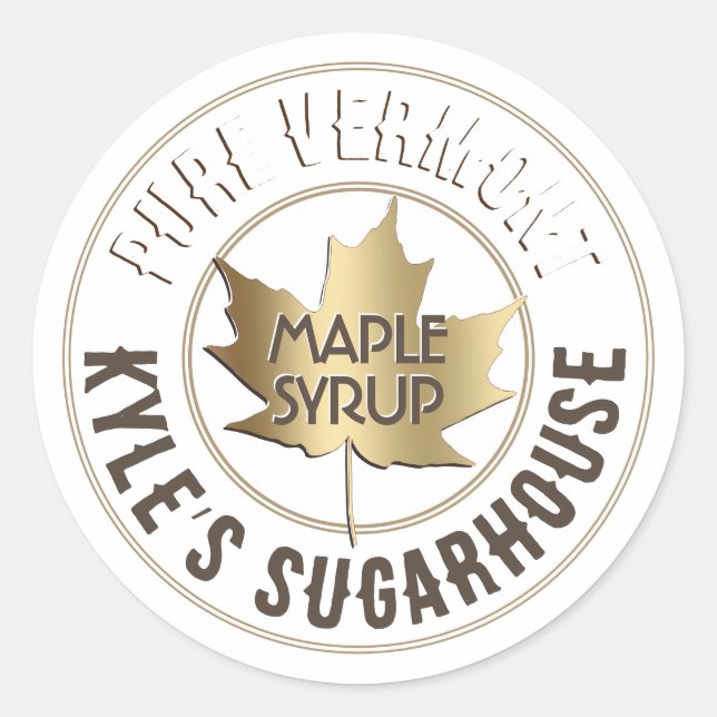 State and Business Name Gold Maple Leaf Logo Classic Round Sticker (Front)
