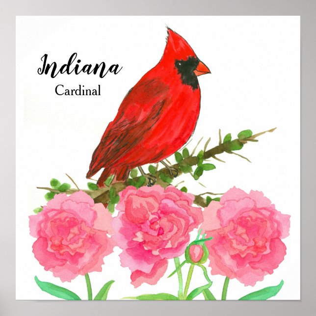 State Bird of Indiana Red Cardinal Peonies Poster (Front)